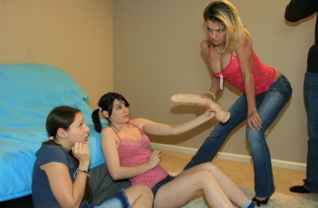 Pigtailed teens Chloe & Zoe Rae try out huge dildo before sucking big cock 94079140