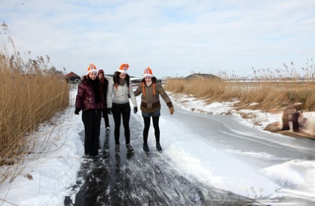 Barely legal girls get naked while skating in the countryside before a feast 10683768