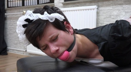 Caucasian maid finds herself hogtied and ball gagged in her uniform 88478883