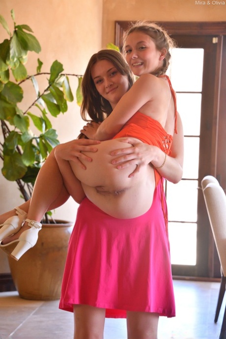 Lesbian girls Olivia Madison and Mira flash in public before sex on a sofa 94865142