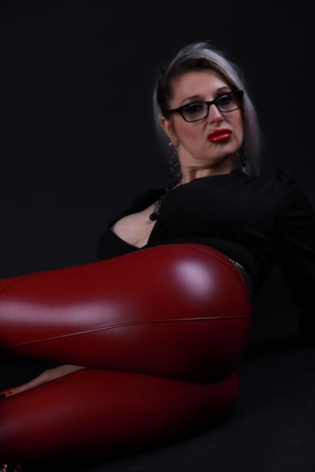 Platinum blonde Avengelique models in glasses while wearing latex pants 67620793