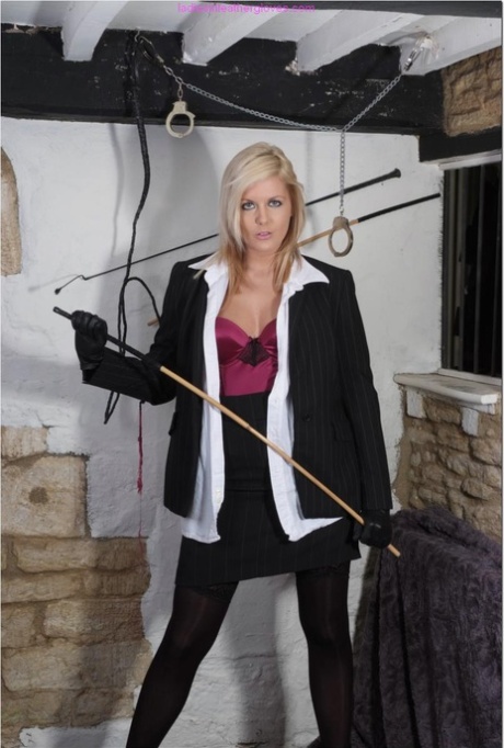 Blonde woman Victoria flexes a cane before showing her upskirt underwear 48677551