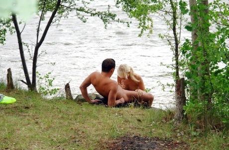 Lecherous blonde gives head and gets fucked for cum in mouth outdoor 84090209