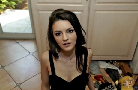 Young brunette girlfriend Kacey Quinn flashing no panty pussy in black nylons 77839919