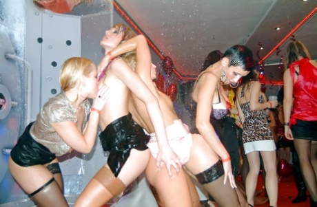 Slutty babes in lingerie and stockings having wild lesbian fun at the party 59733314